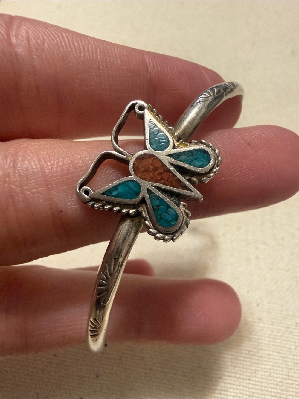 Navajo Native Sterling silver Butterfly Cuff Bracelet W/Turquoise & Coral Inlay